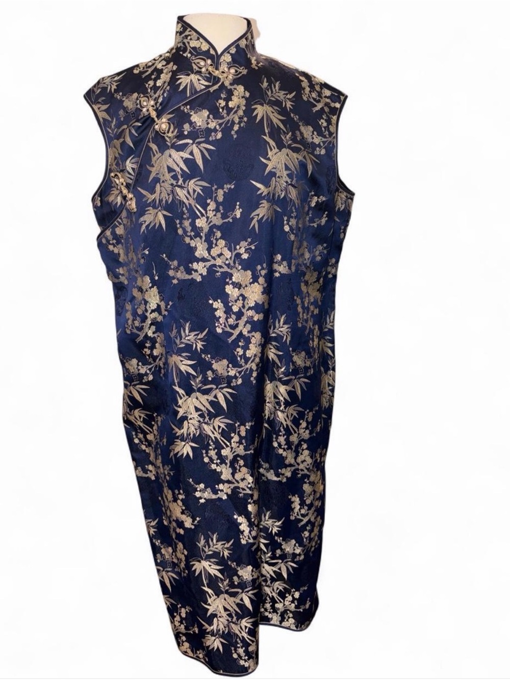 Sleeveless Navy Floral Brocade Cheongsam Dress size16